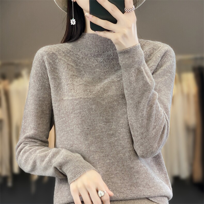 一线成衣无缝针织半高领毛衣女秋冬新款提花设计感小众打底毛衫新,针织衫/毛衣,斯美雅安迪绒
