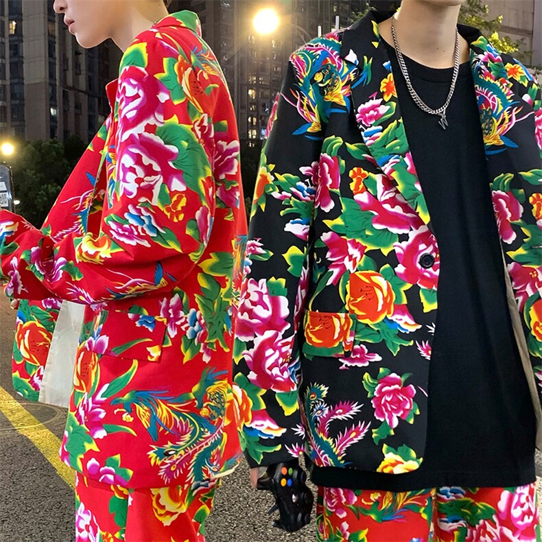 XZ01港风文艺男大码宽松西服东北大花潮牌开衫男女风民族特色图片