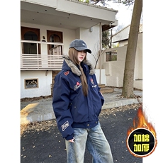 现货高品质美式高街重磅刺绣座山雕大毛毛领棉衣男女加厚棉服外套，男装棉衣，电商A486-1