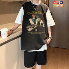直播品质美式宽松纯棉背心无袖t恤短裤大码两件套套装TZ82-P58，男装T恤，电商A486