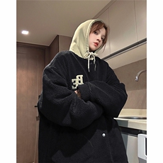 eq334贴补刺绣拼接连帽羊羔毛外套男女情侣装2024新款加厚棉服，男装棉衣，电商C306-1