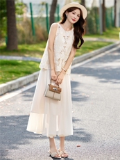 DLM8662法式温柔风蕾丝镂空无袖背心半身裙两件套女气质高级套装，女装套装/套裙，朵莱米