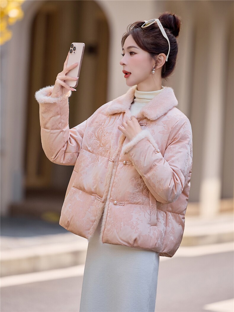 现货.新中式提花羽绒服2025年冬季新款高级感优雅气质外套,女装羽绒服,尚洛菲