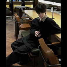 格子撞色假两件设计伯爵先生男装25春新款韩版宽松衬衫领套对卫衣，男装衬衫，四季星座505