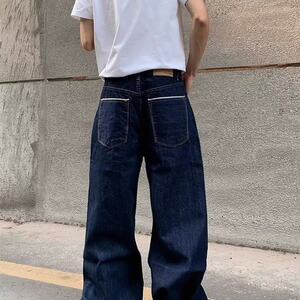 新款春秋季美式时尚牛仔裤阔腿宽松直筒气质垂感拖地裤子男女款图片