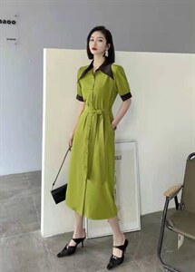 中式扣撞色连衣裙图片