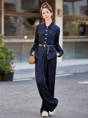 （新款现货）2026春装时尚收腰显瘦天丝牛仔阔腿腰带套装两件套，女装套装/套裙，印象茜