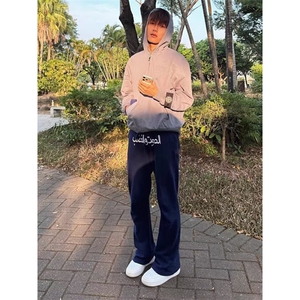 藏青色阿拉伯文刺绣裤子男款冬季美式运动卫裤显瘦篮球微喇休闲裤图片