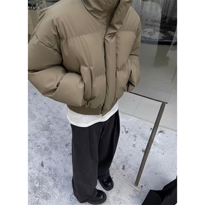 现货5W件冬季三防重磅硬挺boxy短款羽绒立领PU皮棉衣外套加厚棉服图片