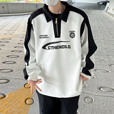 半拉链撞色翻领插肩卫衣男生春秋季宽松长袖Polo衫上衣服A42/P48，男装Polo衫，星座506