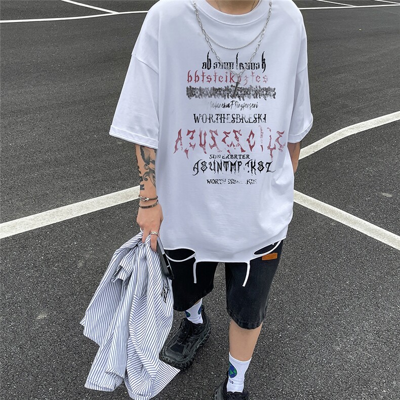港风个性字母印花百搭带链条短袖圆领丐版T恤DT6342P40控58,男装T恤,电商A268A