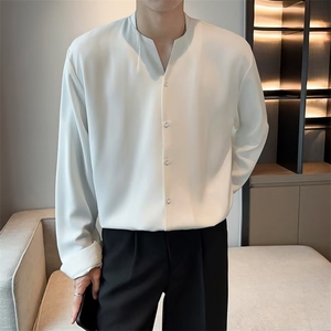 高冷禁欲系白衬衫男小众V领长袖气质上衣西服内搭打底衬衣 C903图片