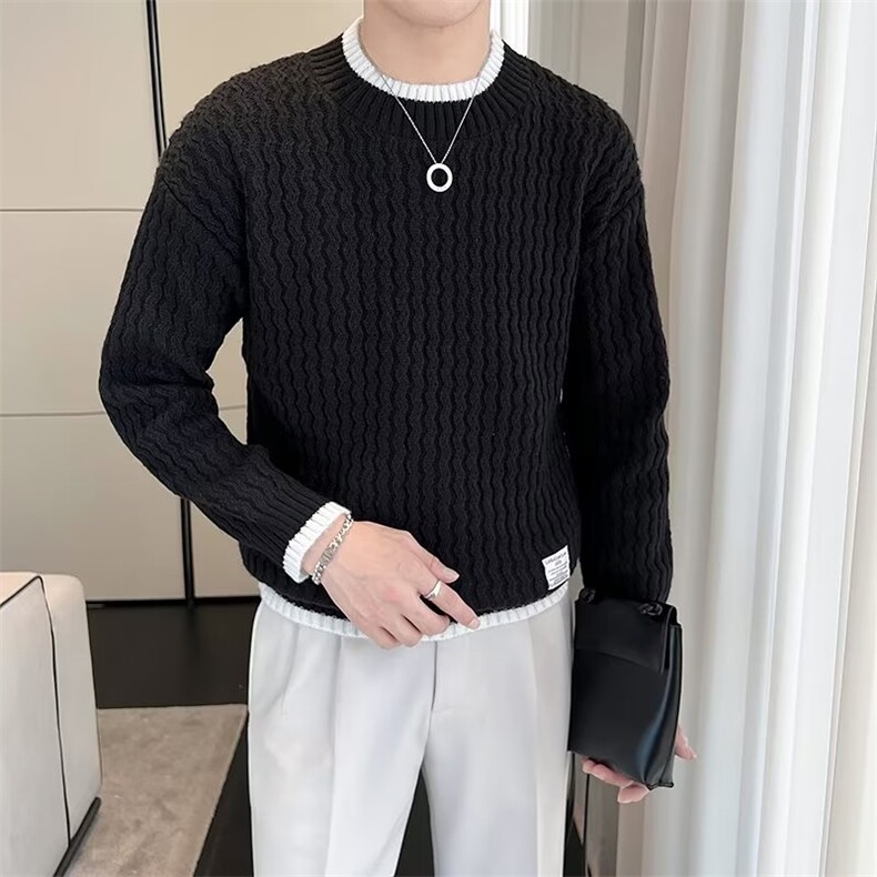 波浪纹毛衣男秋冬款毛衫衣服假两件线衣内搭半高领针织衫S568,男装针织衫/毛衣,星座1116A-2（原606A-1）