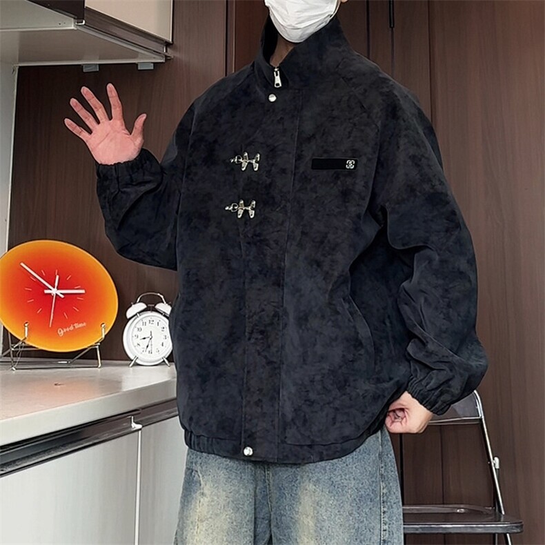 中式风扎染皮衣夹克棉服男款秋冬复古潮牌保暖棉衣外套情侣飞行服图片