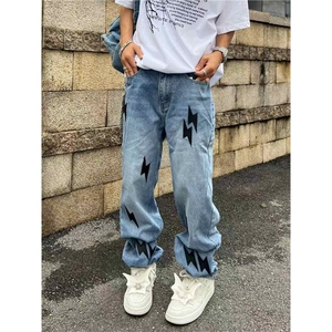 vibe风复古水洗做旧闪电贴布蓝色牛仔裤男宽松直筒长裤子NZ832图片