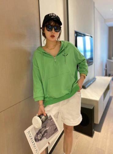 【现货】夏季新款针织连帽半拉链时尚刺绣圆领七分袖卫衣，女装卫衣/绒衫，微迪菲