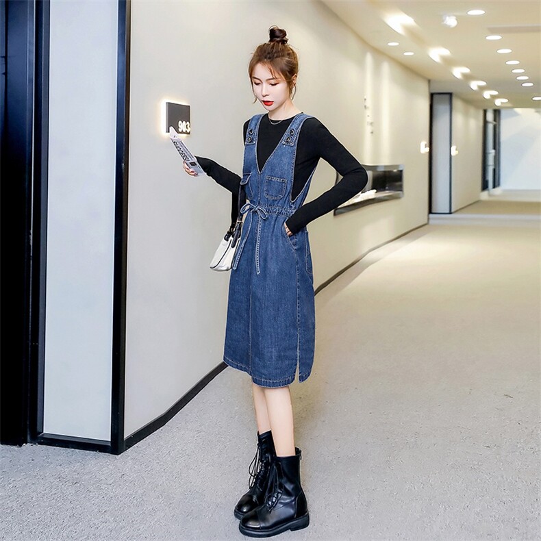 春季新款牛仔背带裙女修身显瘦中长款连衣裙韩版时尚百搭学生装,女装连衣裙,秋水欣儿