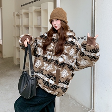 咖色印花羊羔毛连帽羽绒棉服女冬超火好看高级感加厚棉衣棉袄外套，女装毛呢外套，2B190