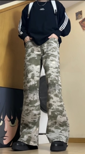 美式墨绿色刺绣迷彩牛仔裤24新款高腰休闲直筒阔腿长裤GJ395 P50图片