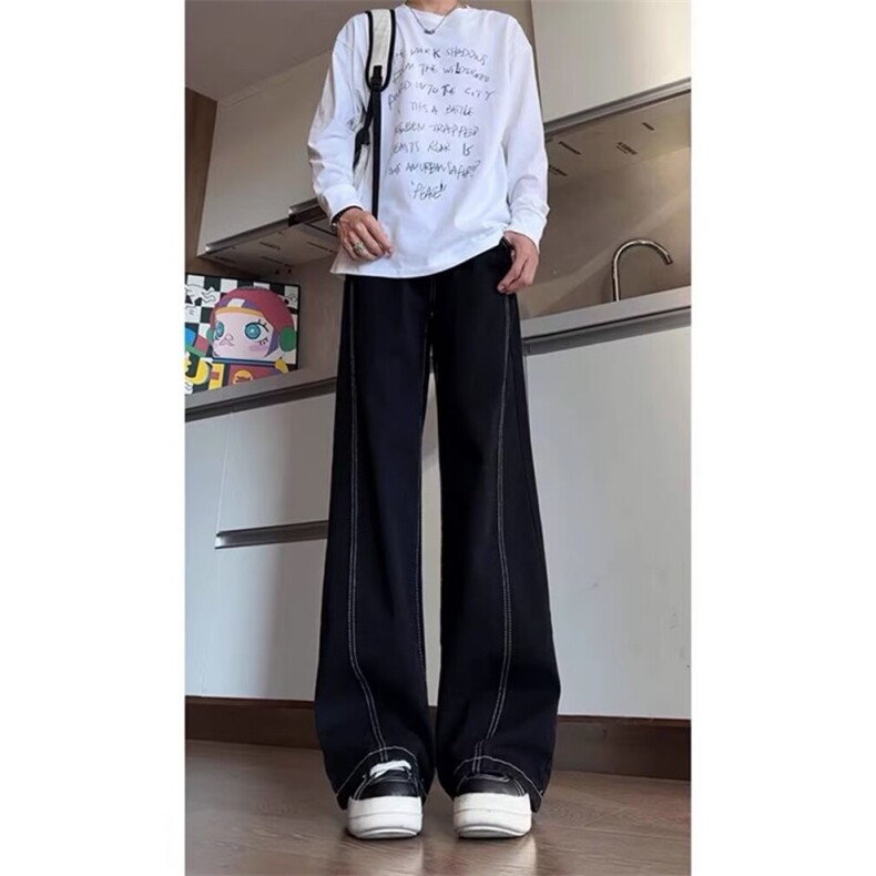美式复古解构明线质感黑牛仔裤男女廓形宽松阔腿裤K71366-P39网图,男装牛仔裤,电商B245