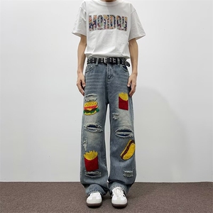 美式汉堡薯条毛巾绣割破牛仔裤男女vibe宽松阔腿长裤RK3138-P57图片