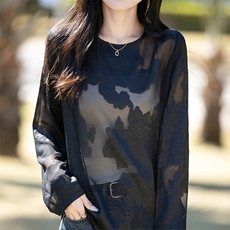 新中式复古缎面提花衬衣女士优雅简约圆领醋酸衬衫开叉打底衫上衣，女装T恤，佳绒高端店