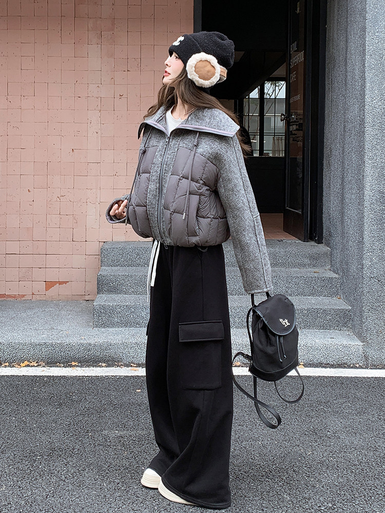韩版时尚双面呢拼接羽绒服女2025冬季新款显瘦加厚90白鸭绒短外套,女装羽绒服,韩蜜菓