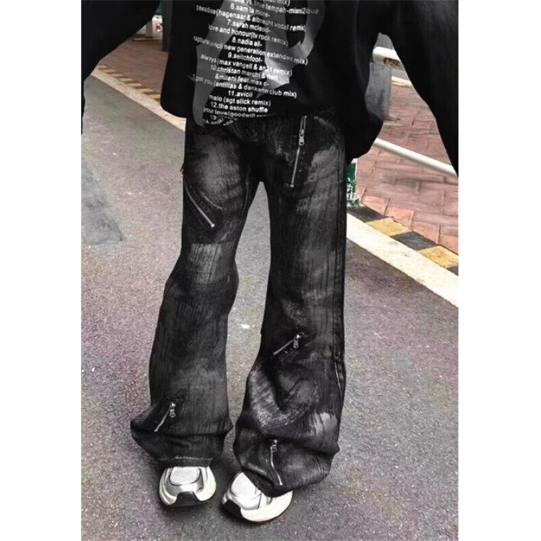 水洗扎染微喇牛仔裤男复古痞帅重工小众拉链直筒长裤 N7722图片