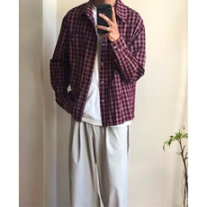 复古红色格子衬衫外套男女宽松衬衣休闲新款长袖上衣C216，男装衬衫，星座1116A（原606A-3）