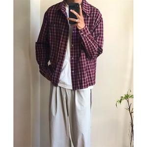 复古红色格子衬衫外套男女宽松衬衣休闲新款长袖上衣 C216图片