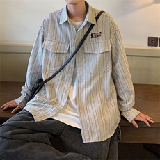 日系复古刺绣条纹长袖衬衫潮牌工装外套男春夏季潮流宽松休闲衬衣，男装衬衫，星座1116A-1（原606A）