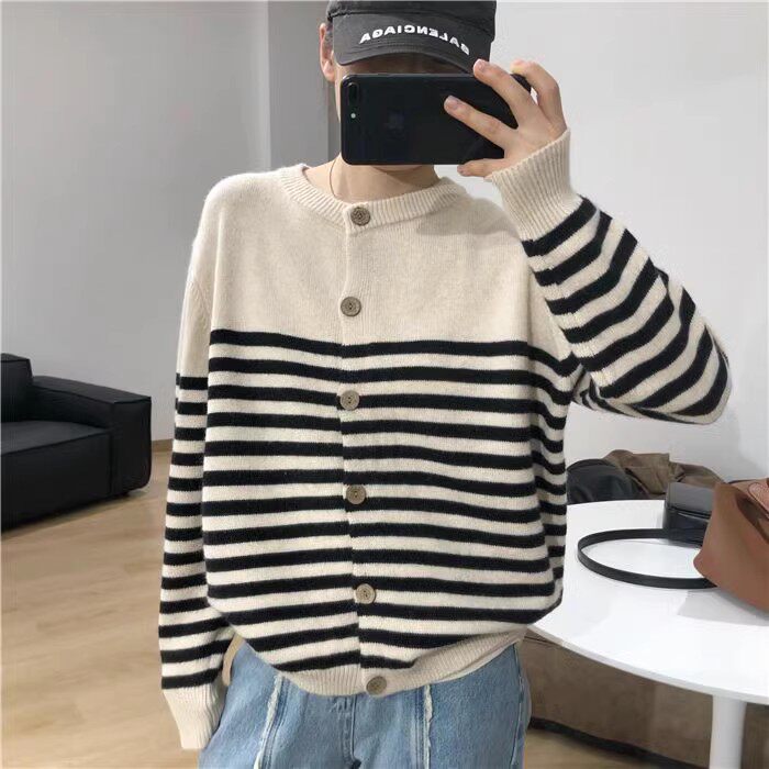 2024年秋季长袖圆领时尚气质百搭简约条纹针织衫，女装羊毛衫，百纯羊绒