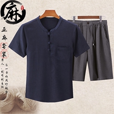 新款夏男款中老年风亚麻短袖T恤短裤套装棉麻T恤短裤套装，男装牛仔裤，钱塘723