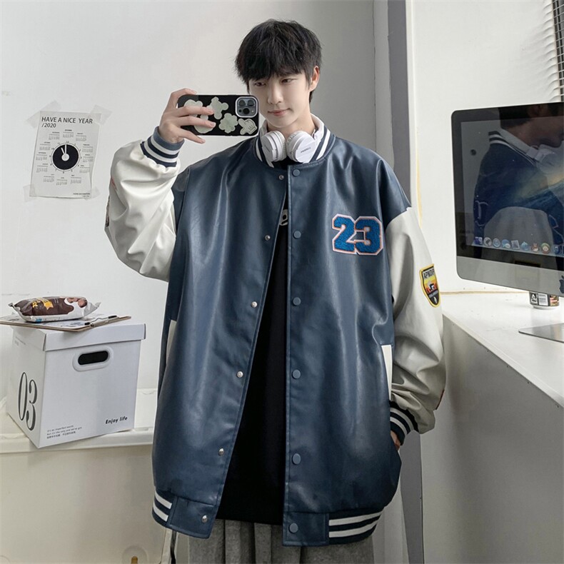 2035-P85港风春秋新款夹克男字母刺绣港风棒球服宽松休闲PU皮外套，男装夹克，星座1109-2
