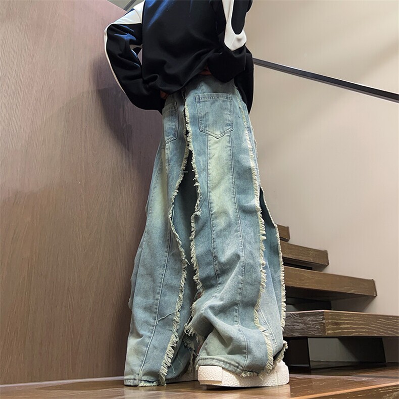 美式小众解构拼接流苏毛边牛仔裤男宽松毛边设计拖地裤男N032-P60,男装牛仔裤,星座308B-2