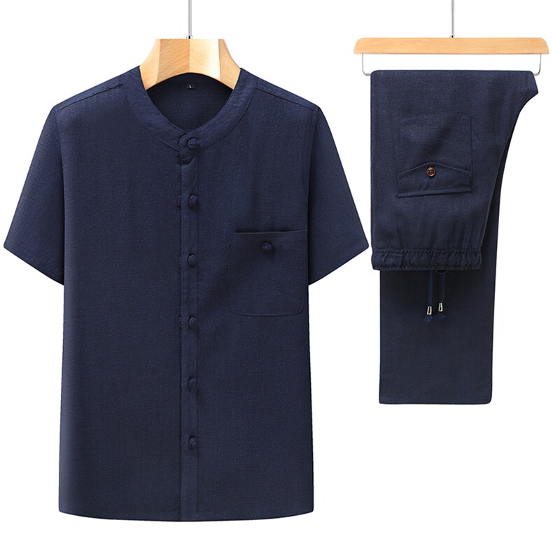 亚麻短袖唐装套装男中年时尚风复古盘扣衬衫801912-P120，男装休闲套装，星座1105-3