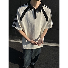 得物抖音高品二开240克纯棉美式高街痞帅翻领POLO织带短袖T恤，男装T恤，电商A486-1
