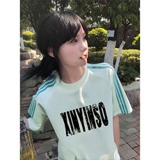 抖音得物品质二开240克宽松纯棉美式潮牌印花三条杠中性风短袖T恤，男装T恤，电商A486-1