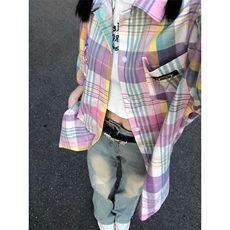 D5231-P38潮彩色格子衬衫男女百搭宽松潮牌夏季半袖-网图现货，男装衬衫，星座603-2