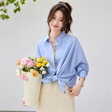 2026春夏新款蓝衬衫女学院风宽松慵懒风叠穿衬衣通勤百搭清新减龄，女装衬衫，艾米