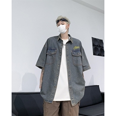 日系复古水洗做旧短袖牛仔衬衫翻领夏季工装男衬衣外套W0677-p53，男装衬衫，星座1008