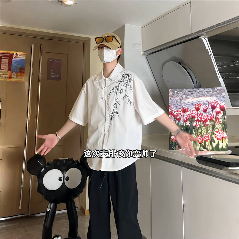 新中式男装风刺绣竹子短袖衬衫男款七分袖衬衣1007-H60-特P35,男装衬衫,星座1007（原301D）