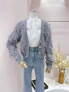 须须针织开衫+珍珠蝴蝶结衬衫+重工钉珠喇叭牛仔,女装衬衫,WOOKSING