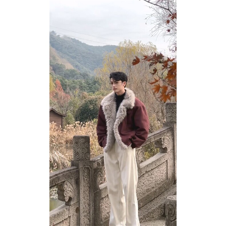 现货重磅硬挺boxy羽绒棉衣座山雕大毛毛领洗水麂皮棉服冬外套，男装棉衣，电商A486-1