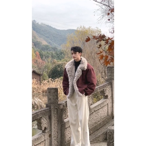 现货重磅硬挺boxy羽绒棉衣座山雕大毛毛领洗水麂皮棉服冬外套,男装棉衣,电商A486-1