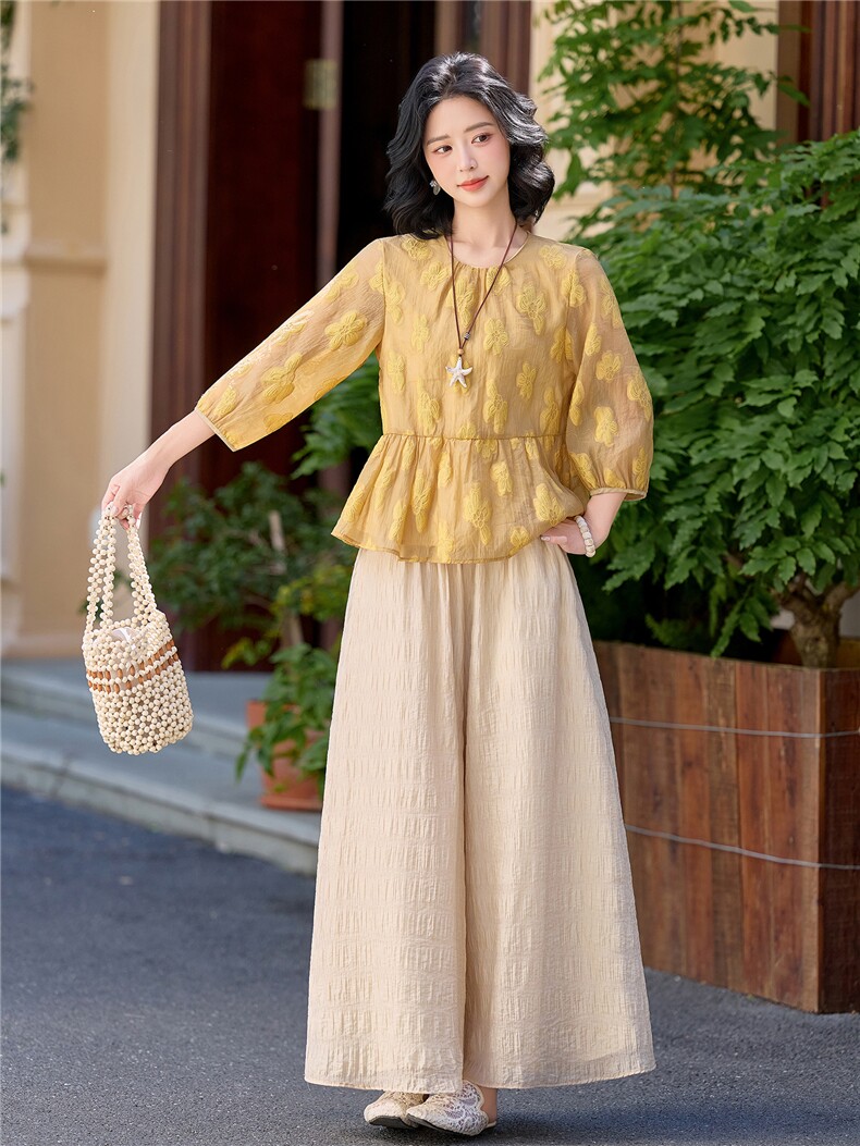夏新款圆领绣花宽松小衫裙裤优雅气质套装女,女装套装/套裙,水衣源