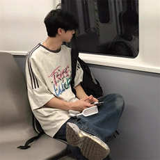 夏季美式高街重磅纯棉三条杠织带撞色男女短袖T恤ZD507-特P30，男装T恤，电商A486