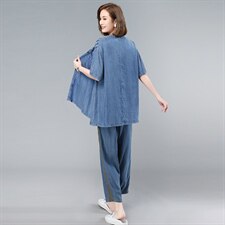 2021夏季新款简约时尚气质格子拼接水洗牛仔套装，女装套装/套裙，叶笙衣