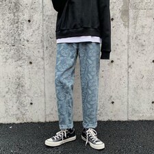 高街ins潮牌腰果花牛仔裤男街头嘻哈情侣宽松直筒阔腿裤9860-p45图片