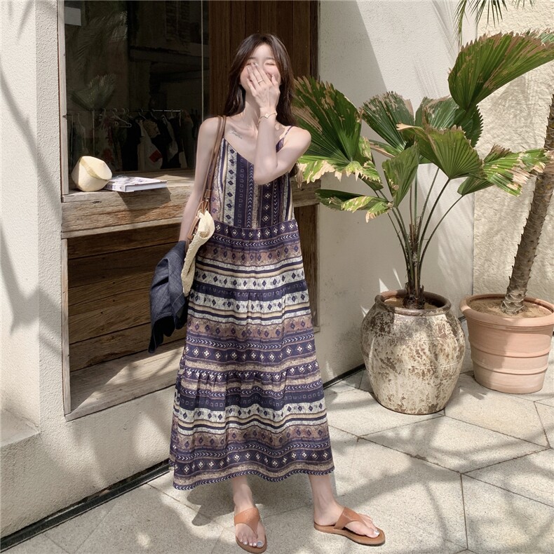 高级小众穿搭民族风吊带连衣裙叠穿薄款牛仔无袖套装女长裙两件套,女装套装/套裙,2C201